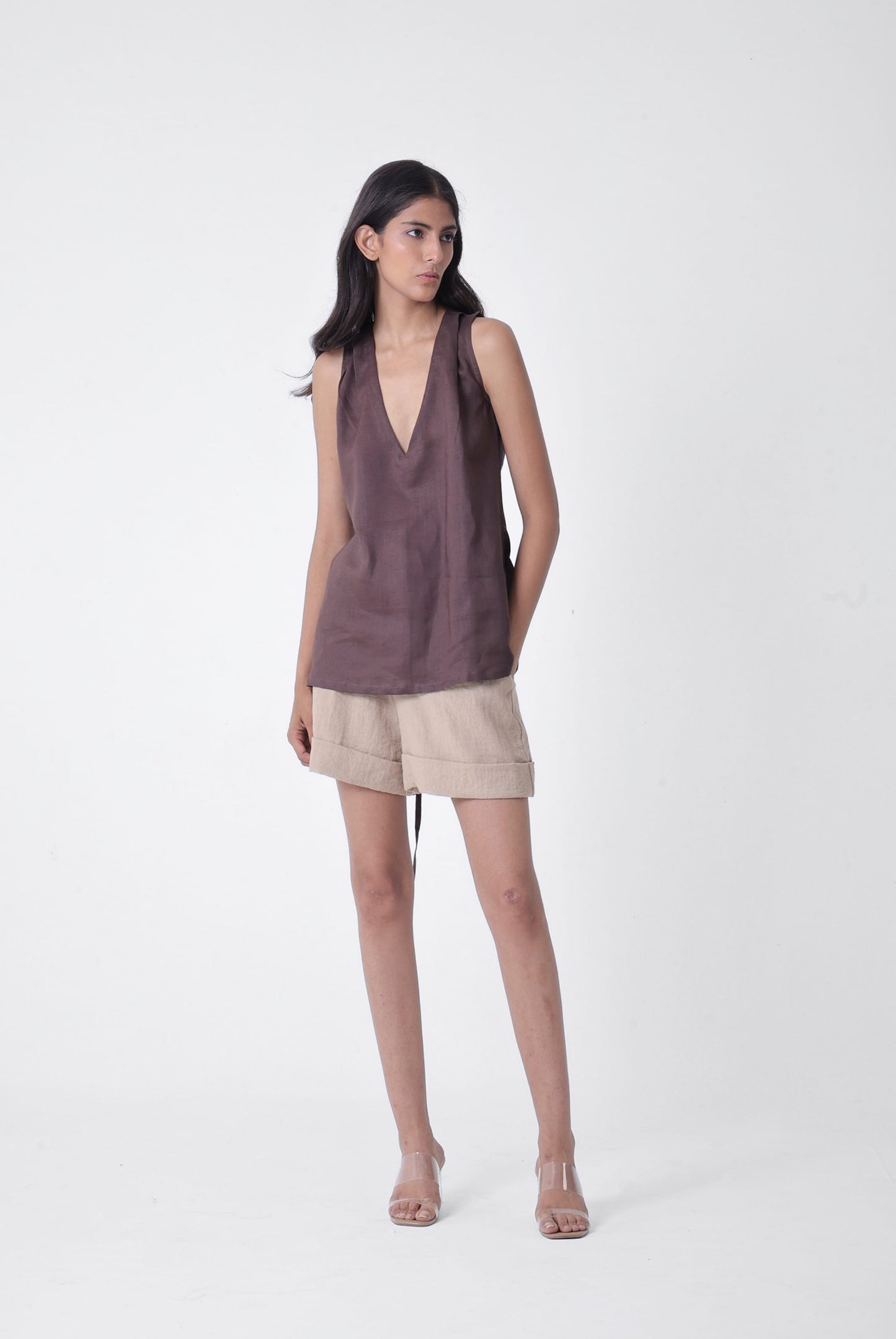 Deep V Pleated Top in Linen