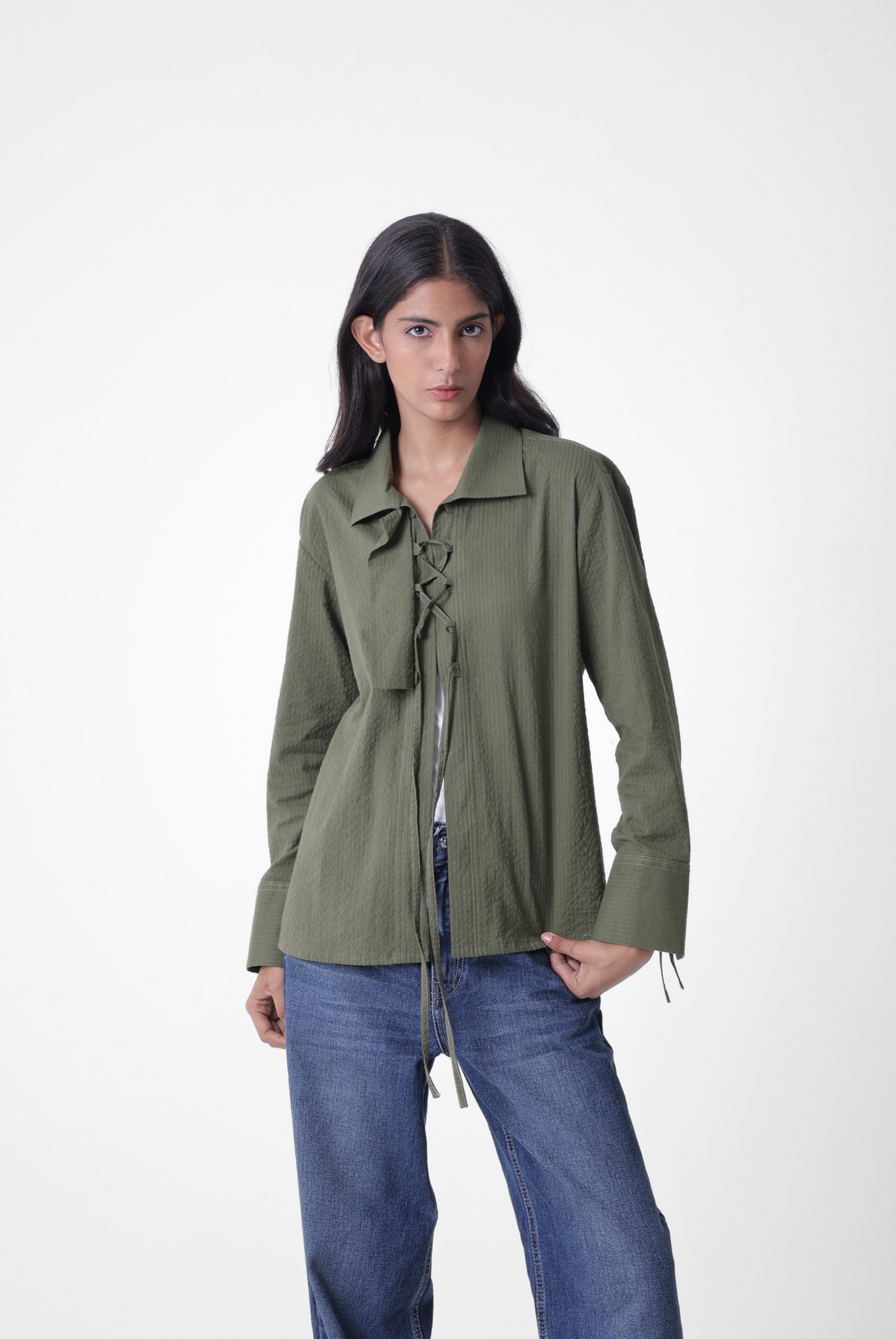 Lace-up Seersucker Shirt