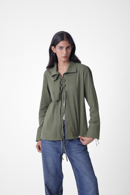 Lace-up Seersucker Shirt