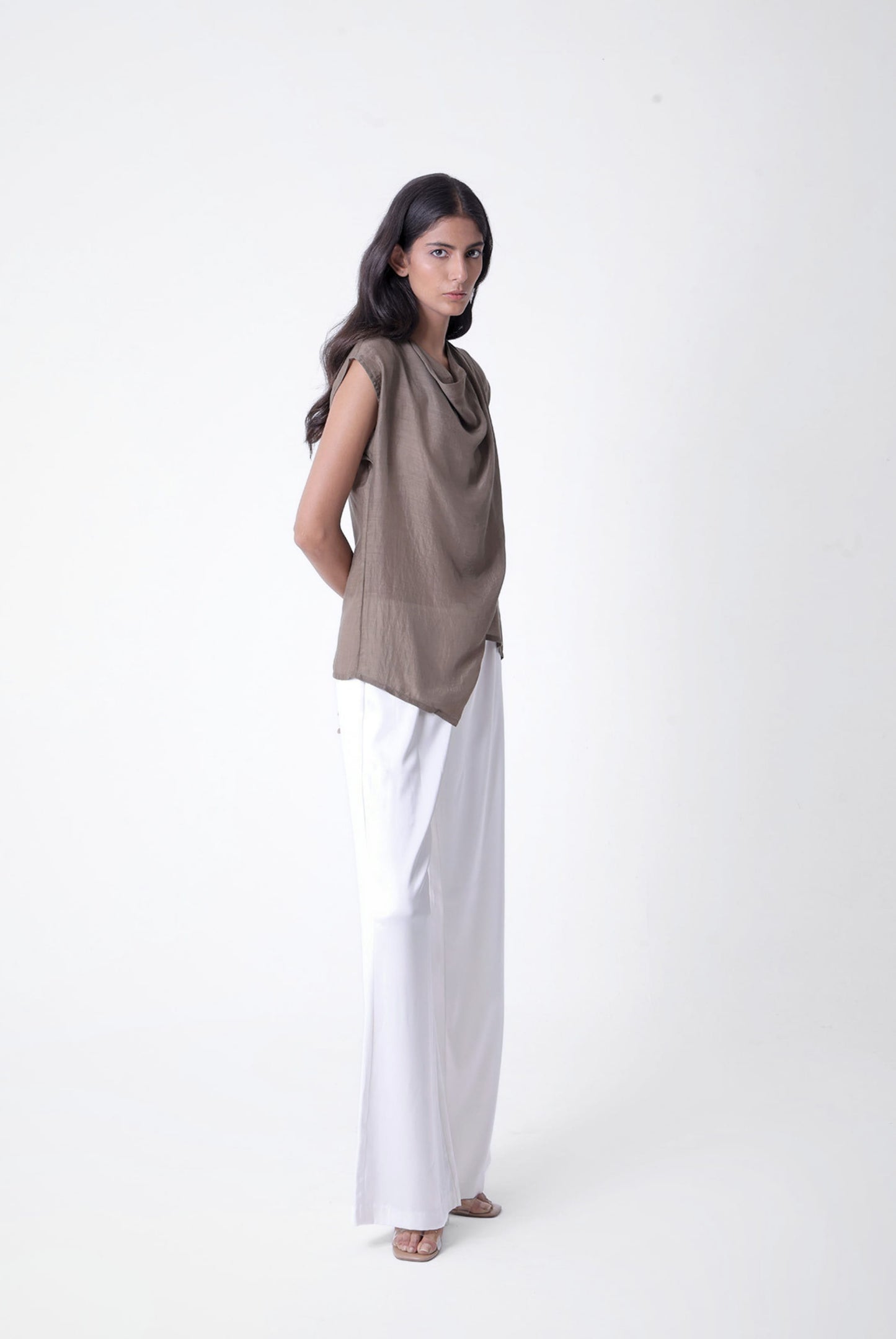 Cross Layer Cowl Top in Olive