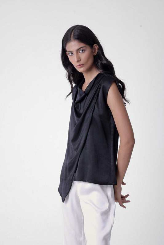 Cross Layer Cowl Top in Black