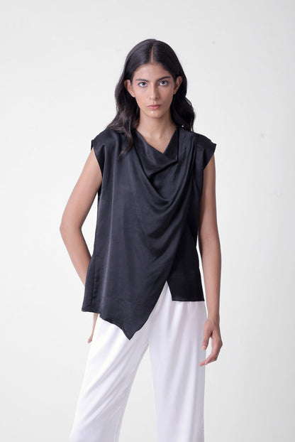 Cross Layer Cowl Top in Black