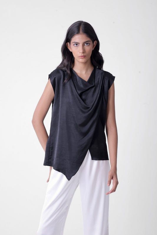 Cross Layer Cowl Top in Black