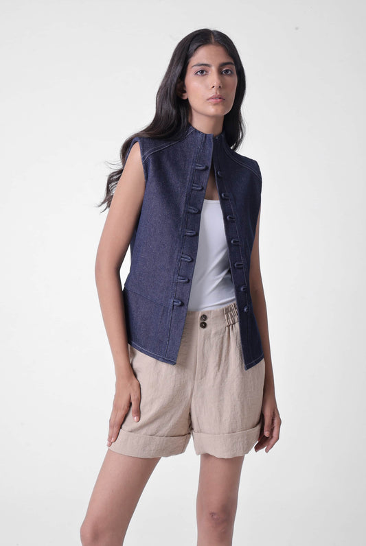 High Neck Lace-up Vest in Denim