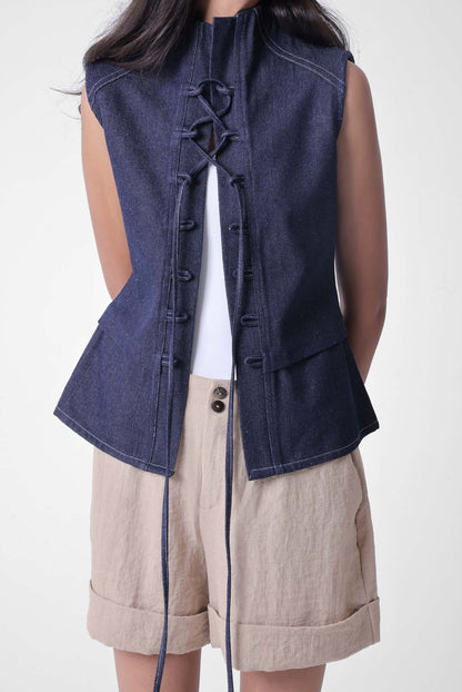 High Neck Lace-up Vest in Denim