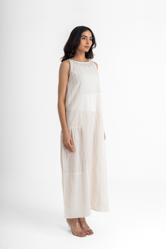 Pin tuck Gathered Dress - Mulmul