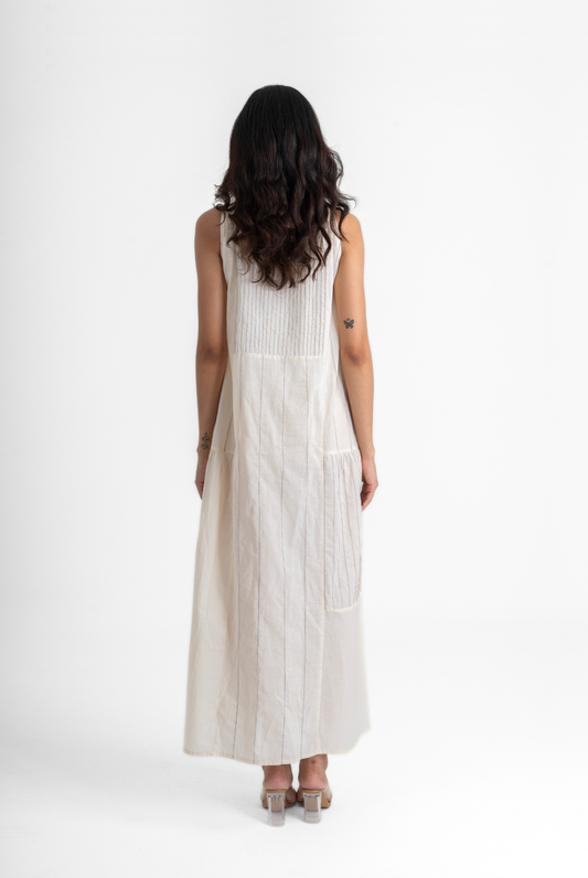 Pin tuck Gathered Dress - Mulmul