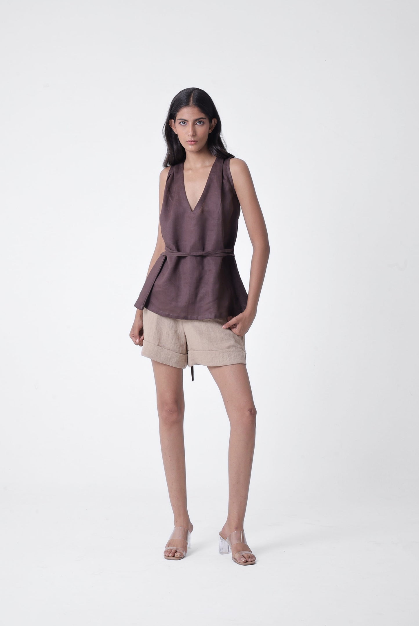 Deep V Pleated Top in Linen