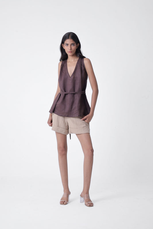 Deep V Pleated Top in Linen