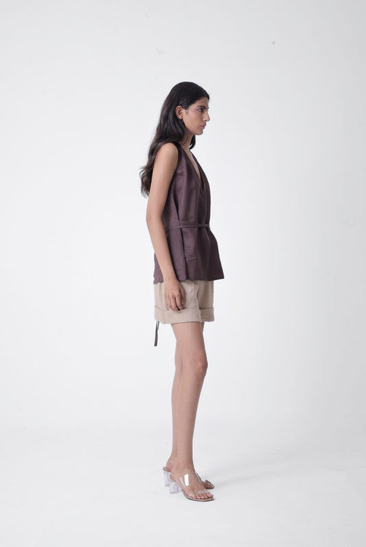 Deep V Pleated Top in Linen