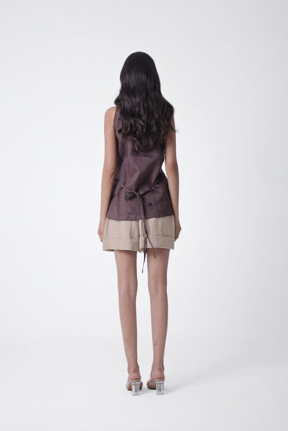 Deep V Pleated Top in Linen